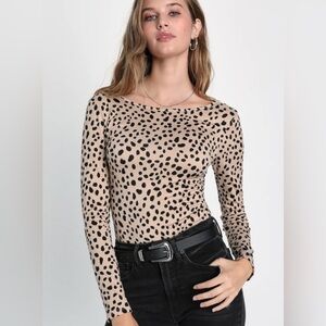 Lulus Wildly Sweet Tan Animal Print Long Sleeve Boat Neck Bodysuit - size S